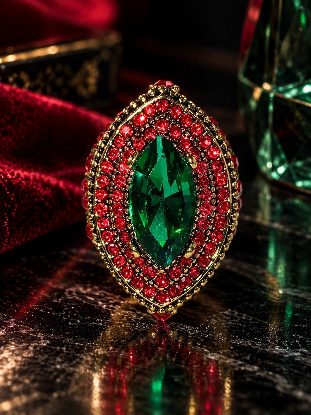 Red & Green Crystal Statement Ring Gold Tone Size 8